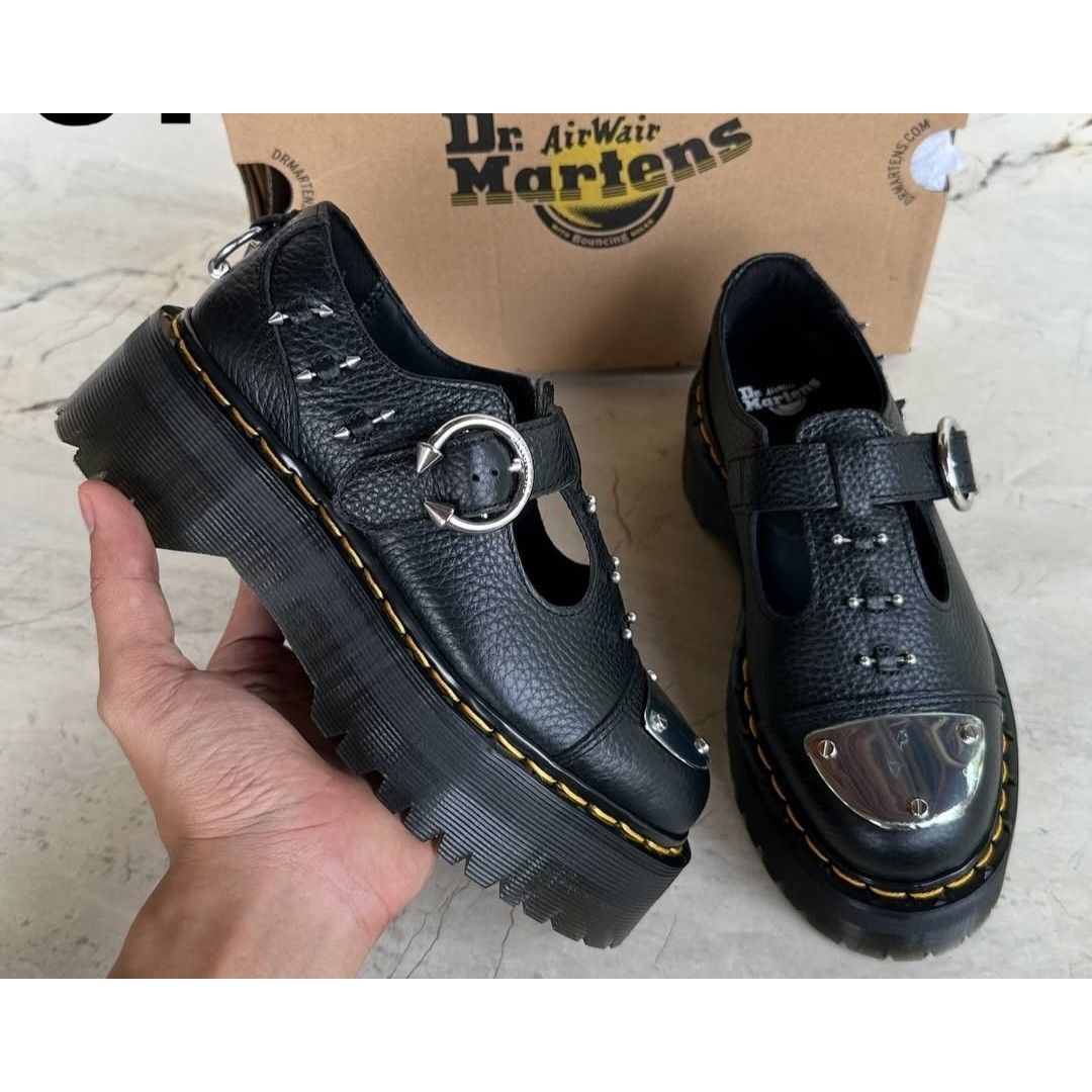 Dr. Martens Black Leather T-Strap Platform Mary Jane Boots With Silver Hardware